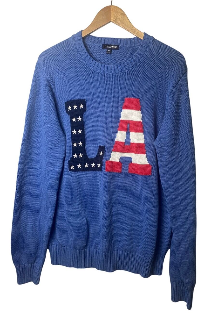 State of Mine LA Blue Patriotic Long Sleeve Chunky Cotton Sweater Women's Medium